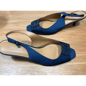 J. Renee Navy Satin Slingback Heels Peep Toe Kitten Heels size 13
